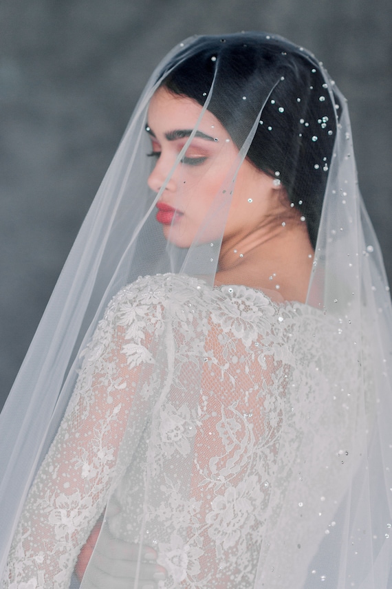 Opal Crystal and Pearl Edge Beaded Fingertip Wedding Veil