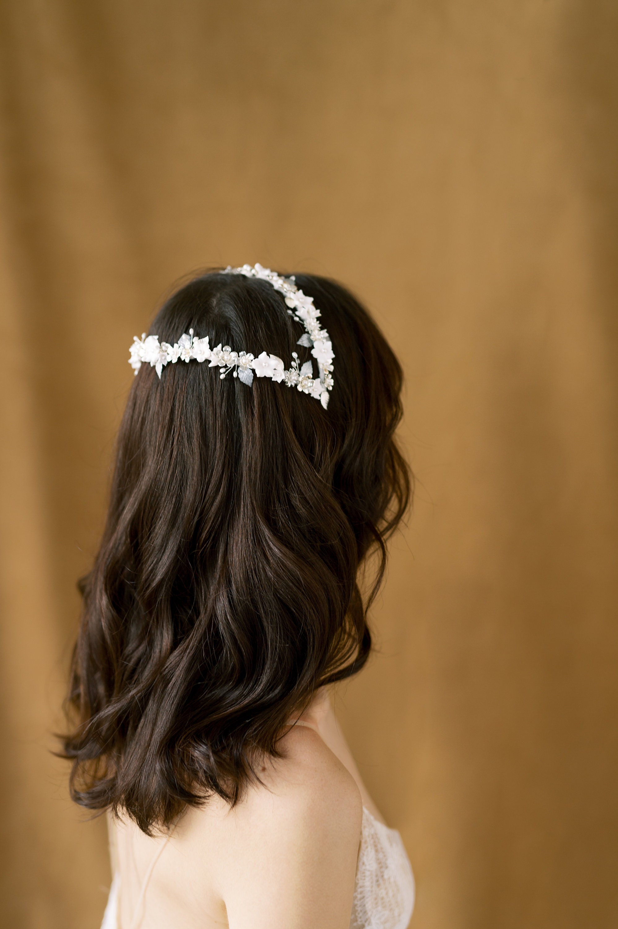 Vintage Inspired Clay Flower Bridal Headband With Pearls 