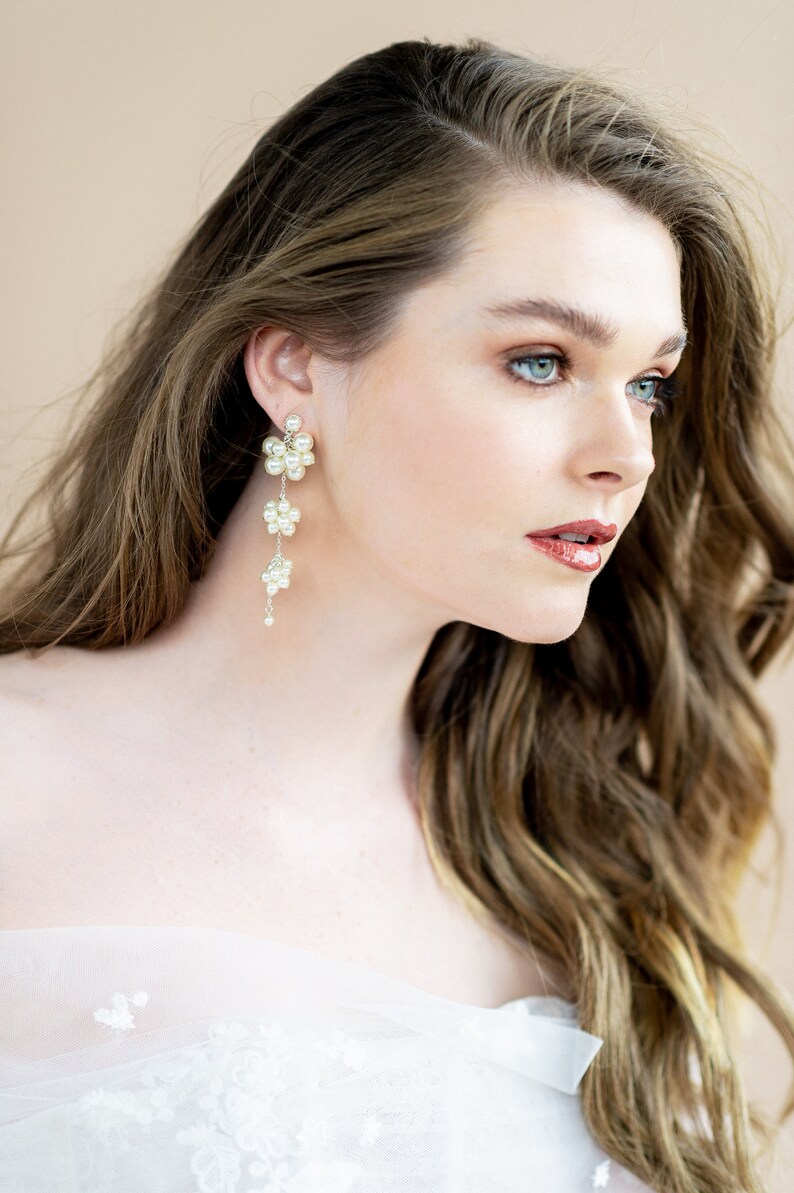 Pearl Dangly Earrings, Pearl Drop Earrings, Pearl Cluster Earrings, Gold Bridal Jewelry, Silver Wedding Earrings, Rose Gold Earrings, BILLIE image 5