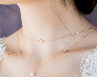 Rose Gold Necklace with Pearls, Double Strand Necklace, Gold Bridal Jewelry,  Crystal Pendant Wedding Neck Chain, Boho Jewellery, MELISSA