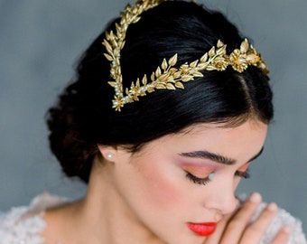 Gold Vintage Bridal Crown, Golden Double Headband, Rose Gold Leaf Tiara, Silver Laurel Leaf Hairband, Gold Flower Wedding Crown, SIOBHAN