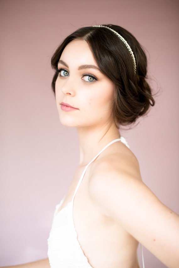 Gold Crystal Pearl Bridal Headband: Silver Rhinestone 
