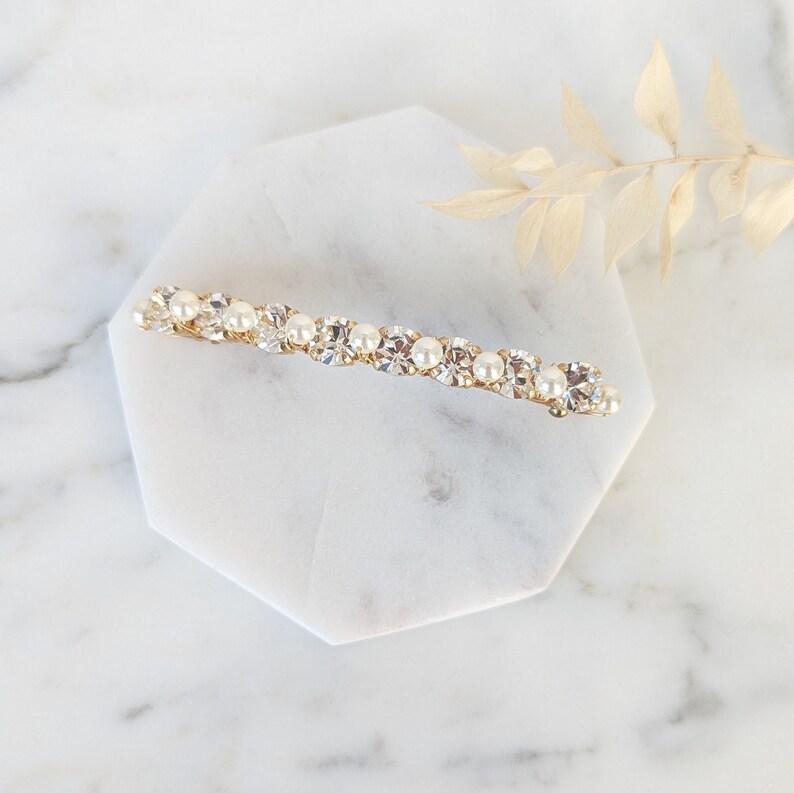Gold Minimalist Hair Clip, White Pearl Simple Bridal Barrette, Modern Wedding Crystal Hair Comb Headpiece, Hairpiece for Bride Updo, ASTRID image 3