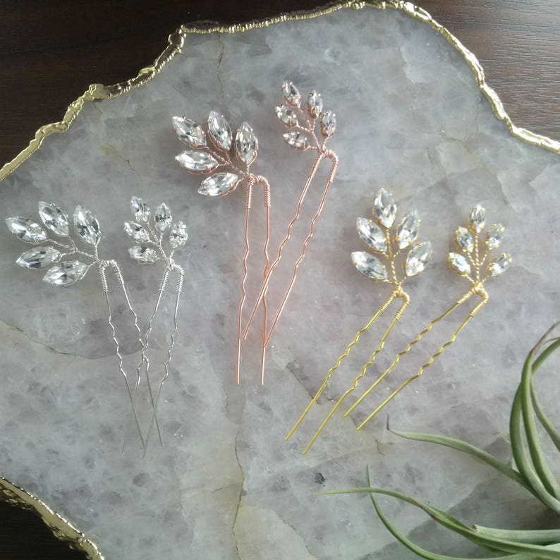 Silver Hair Accessory Rhinestone Hair Pins Crystal Leaf Hair Pins Gold Hair Piece Bridesmaid Gift Rose Gold Headpiece Updo Hair Pins