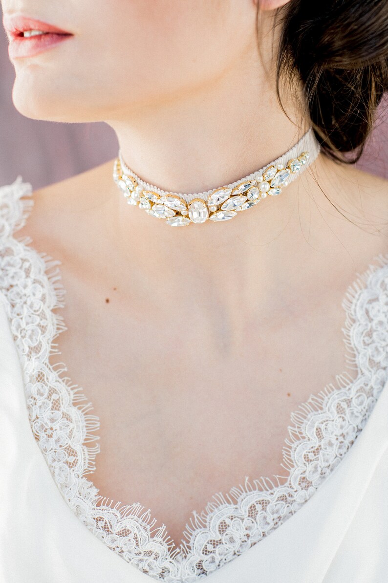 Champagne Gold Crystal Bridal Choker Ivory Wedding Necklace Etsy