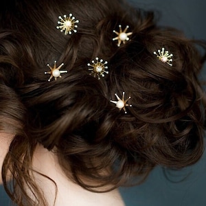 Celestial Star Hair Pins, Gold Starburst Bobby Pins, Pearl Bridal Hairpins, Galaxy Wedding Hair Piece, Silver Rhinestone Modern Bridal, LUNA image 1