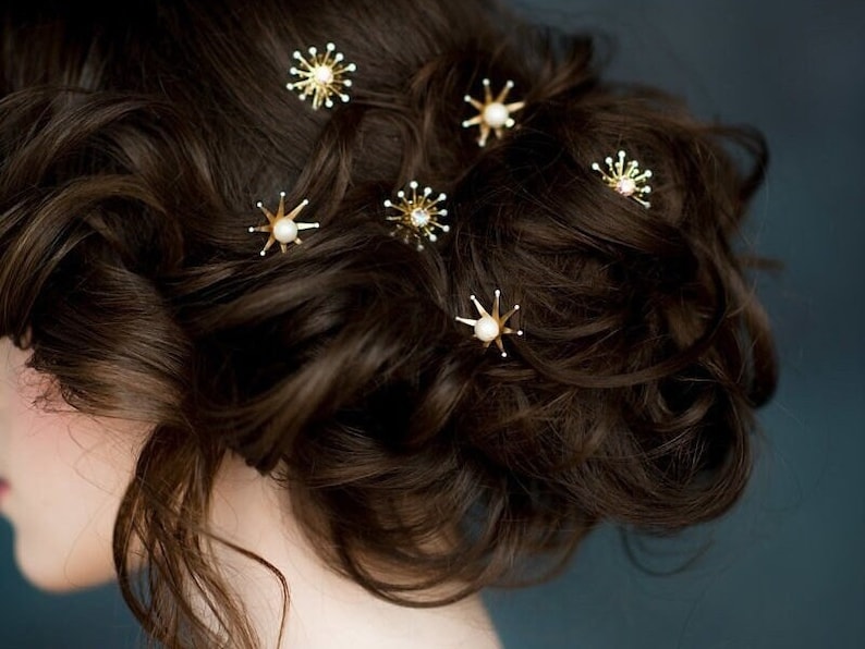 Celestial Star Hair Pins, Gold Starburst Bobby Pins, Pearl Bridal Hairpins, Galaxy Wedding Hair Piece, Silver Rhinestone Modern Bridal, LUNA image 1