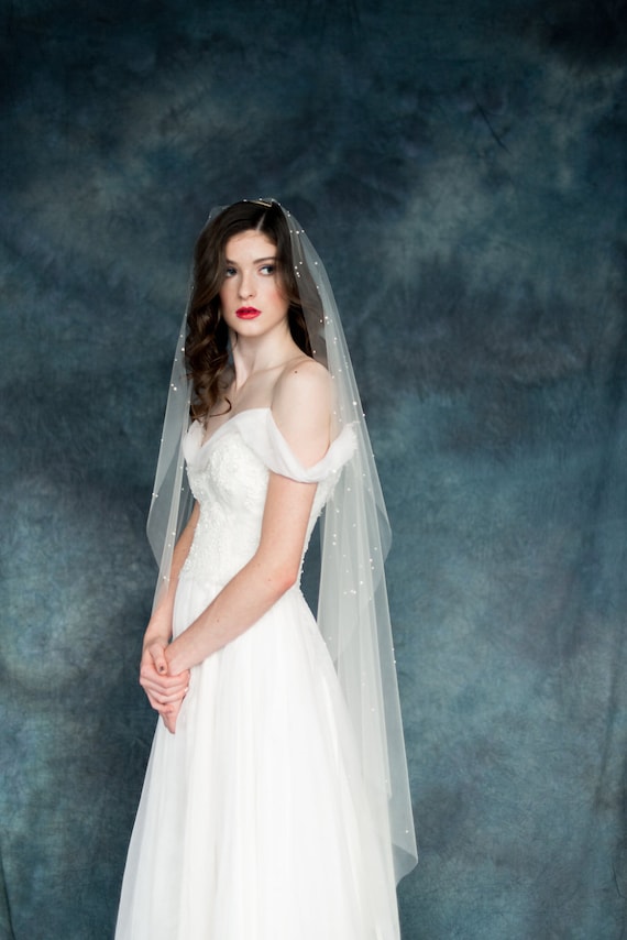 Isla - two layer floor length veil with a cut edge & scattered pearls