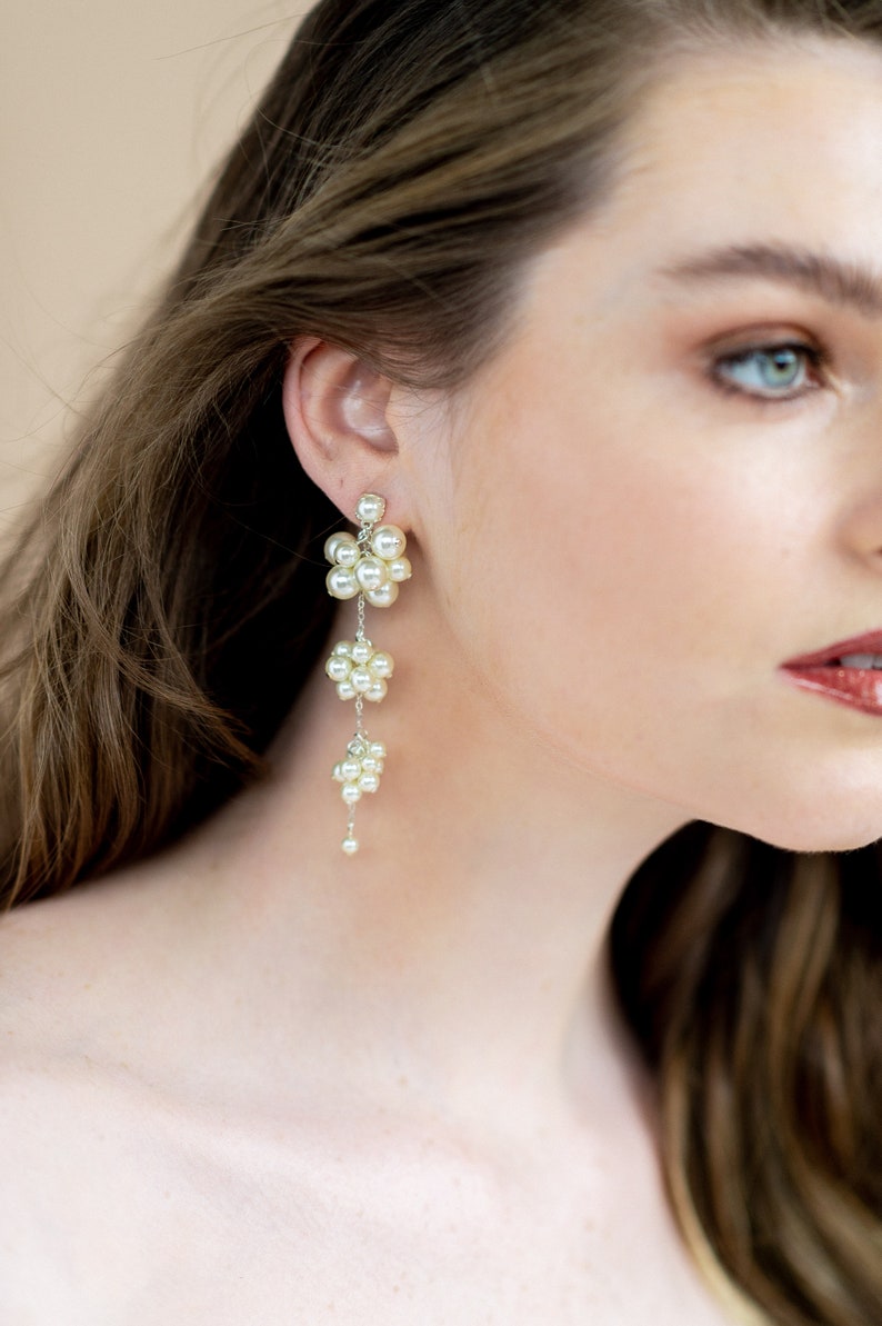 Pearl Dangly Earrings, Pearl Drop Earrings, Pearl Cluster Earrings, Gold Bridal Jewelry, Silver Wedding Earrings, Rose Gold Earrings, BILLIE image 3