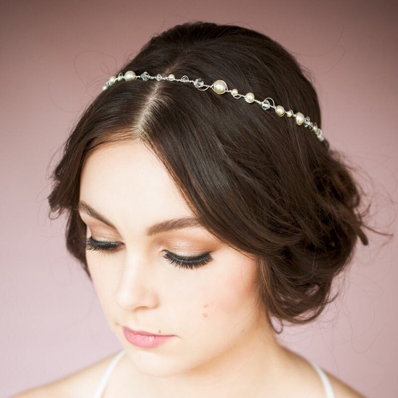 Pearl Crystal Crown, Bridal Headband, Silver Hairband, Gold Headpiece, Simple Hair Vine, Rose Gold Hairpiece, Crystal Head Band, CHRISTIE image 1