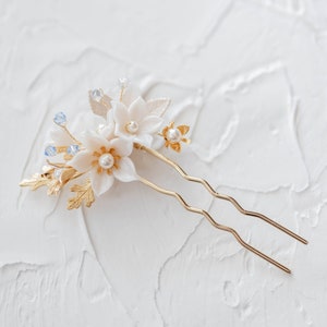 Gold White Flower Hair Pin, Leaf Wedding Hair Clip, Ivory Porcelain Clay Hairpin, Romantic Hair Accessory, Hair Comb for Bridal Updo, NEESA Ivory/Lt Sapphire