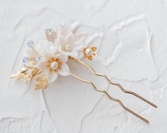 Gold White Flower Hair Pin, Leaf Wedding Hair Clip, Ivory Porcelain Clay Hairpin, Romantic Hair Accessory, Hair Comb for Bridal Updo, NEESA