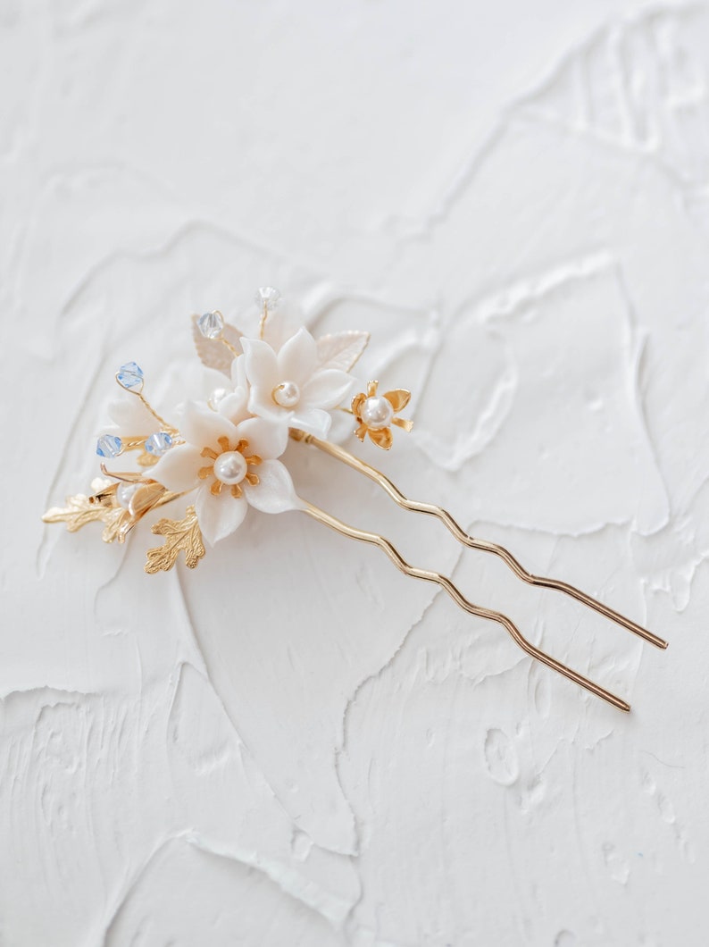 Gold White Flower Hair Pin, Leaf Wedding Hair Clip, Ivory Porcelain Clay Hairpin, Romantic Hair Accessory, Hair Comb for Bridal Updo, NEESA Ivory/Lt Sapphire