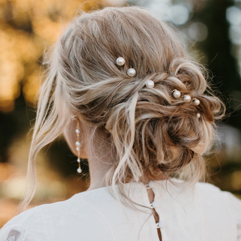 Gold Pearl Hair Pins, Minimalist Bridal Hair Pin Set, Modern Wedding Hair Piece, Simple Pearl Hair Accessory, Silver Boho Headpiece, ASHTON image 1