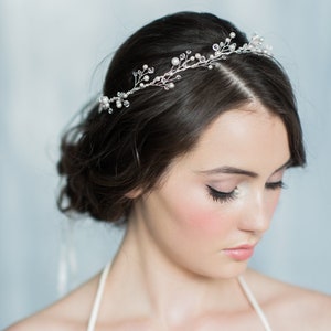 Pearl and Crystal Bridal Headpiece, Silver Wedding Tiara, Gold Twig Hairvine for Bride, Beaded Hairpiece with Ribbon Tie and Pearls, KIERRA image 1