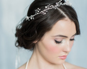 Pearl and Crystal Bridal Headpiece, Silver Wedding Tiara, Gold Twig Hairvine for Bride, Beaded Hairpiece with Ribbon Tie and Pearls, KIERRA