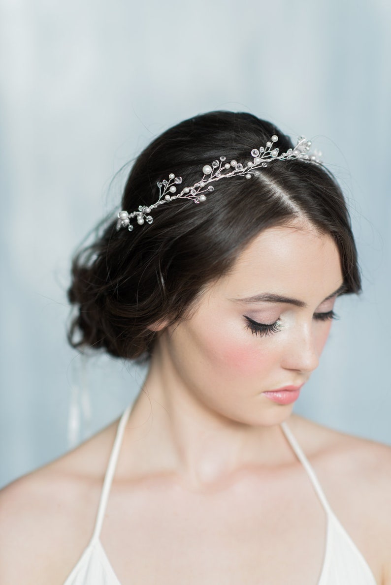 Pearl and Crystal Bridal Headpiece, Silver Wedding Tiara, Gold Twig Hairvine for Bride, Beaded Hairpiece with Ribbon Tie and Pearls, KIERRA image 1