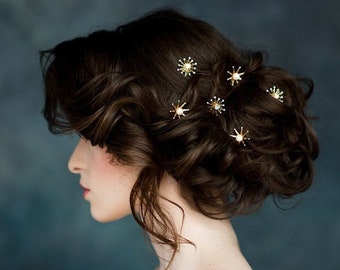 Star Hair Pins, Celestial Hair Piece, Gold Bridal Headpiece, Silver Pearl Hairpin, Crystal Hair Pins, Rose Gold Stars, Set of 3, Gift, LUNA