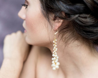 Gold Pearl Bridal Drop Earrings, Rose Gold Dangle Earrings, Modern Silver Statement Earrings, Long Cascading Pearls Ear Jewelry, EVITA