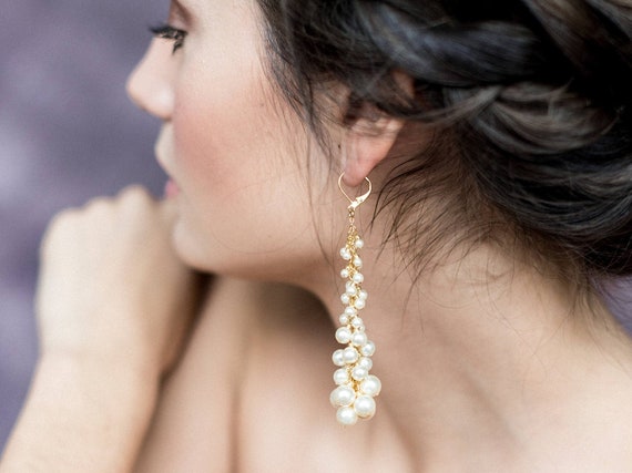 Gold Crescent Long Pearl Drop Earrings – POPPY FINCH