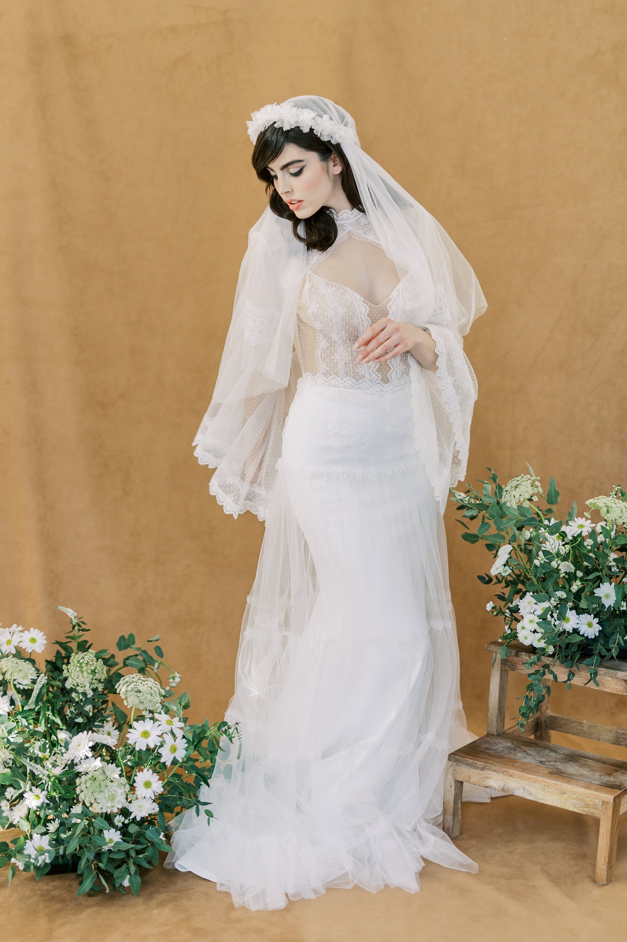Ivory Bridal Juliet Cap Wedding Veil With Silk Flowers