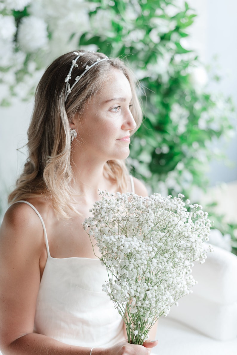 Silver Pearl Leaf Double Bridal Headband for Weddings, Simple Gold Hairband with Leaves and Pearls, Rose Gold Boho Hair Accessory, WILLOW image 3