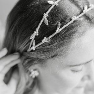 Silver Pearl Leaf Double Bridal Headband for Weddings, Simple Gold Hairband with Leaves and Pearls, Rose Gold Boho Hair Accessory, WILLOW image 4