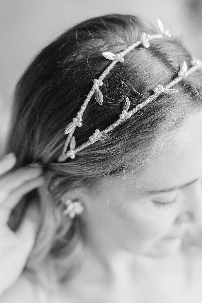 Silver Pearl Leaf Double Bridal Headband for Weddings, Simple Gold Hairband with Leaves and Pearls, Rose Gold Boho Hair Accessory, WILLOW image 4