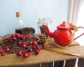 Small vintage one-cup teapot red enameL Christmas gift Housewarming gift