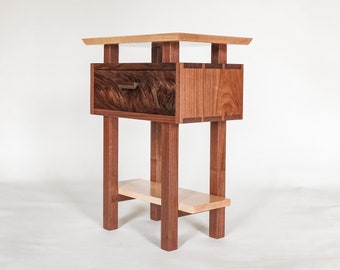 The Encore Nightstand - wood table with drawer and shelf, small bedside table/ narrow end table- Asian Style Table