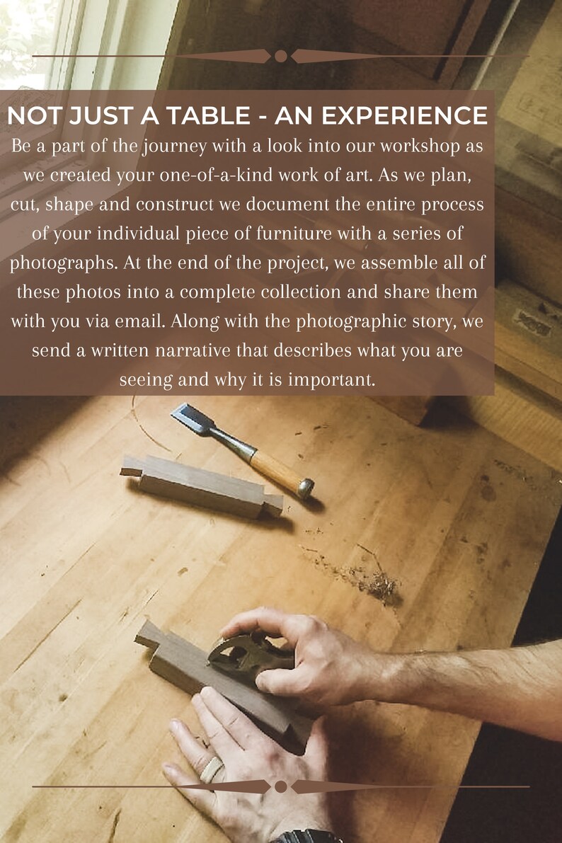 May include: A close-up of a woodworker's hands using a hand plane to shape a piece of wood. The wood is light brown and the hand plane is silver. The woodworker is wearing a ring on their finger. The text "NOT JUST A TABLE - AN EXPERIENCE" is visible at the top of the image.