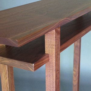 Narrow Walnut Console Table with Shelf: Mid-Century Modern Entryway Table