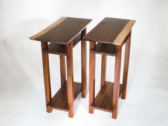 Narrow End Tables for Living Room: Modern Decor Small Tables Premium Walnut  With Live Edge Table Top Set of 2 