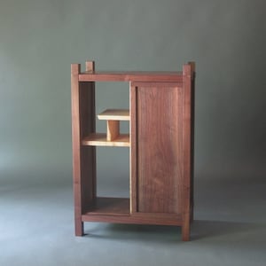 Entry Cabinet: Small Cabinet with Shelves/ Sliding Door, Display Case, Small Bookcase- Mid Century Modern Entryway Deor- Wood Furniture