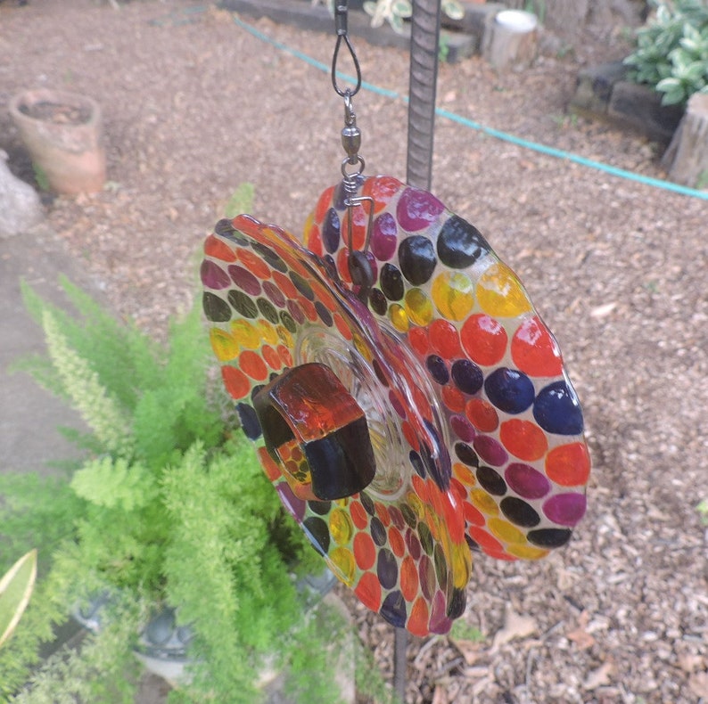 Glass Flower Spinner RS121 Hand Painted Suncatcher Yard Art Recycled