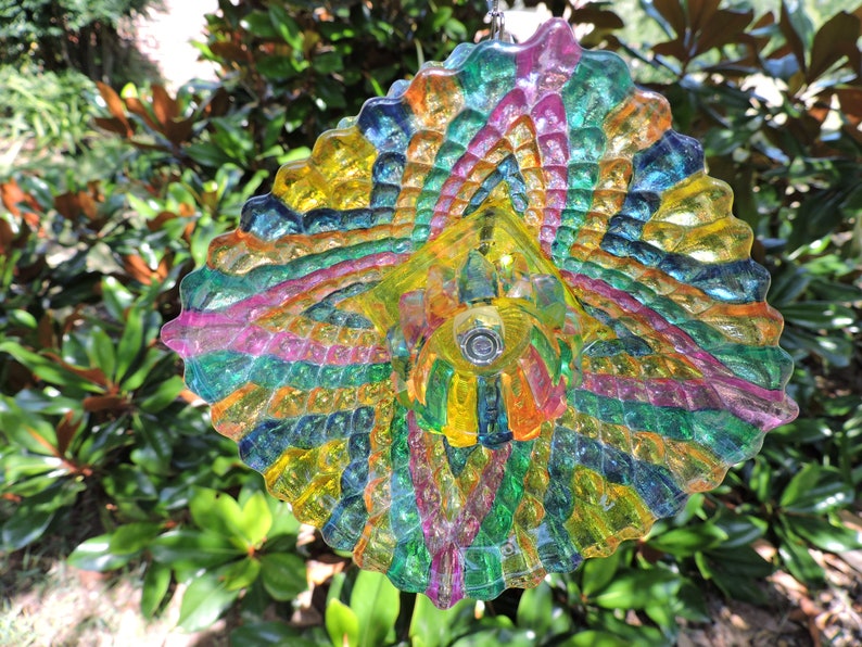 Glass Flower Spinner RS150 Hand Painted Suncatcher Yard Art Recycled