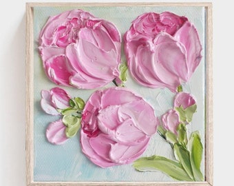 Custom Pink Peony Impasto Oil Painting, Cottage Chic Art