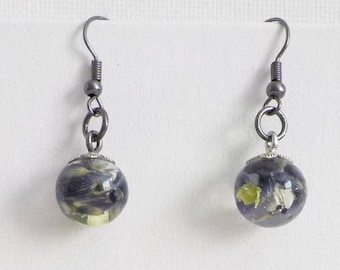 Lavender Terrarium Earrings: Antique Gunmetal Silver Eco Resin Sphere