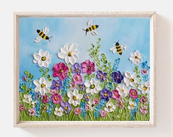Custom Wildflowers and Bee Impasto Painting, Bee and Flower Oil Painting, Frame in photo not included