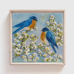 Custom ORIGINAL OIL Bluebirds Spring Blossoms Impasto Painting,Frame not included image 1