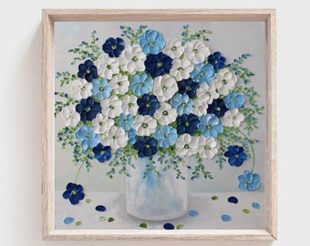 Custom Navy, Light Blue and White Anemone Oil Impasto Original Painting, Anemone Flowers  , Frame not Included