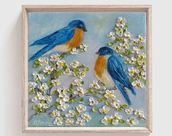 Custom ORIGINAL OIL  Bluebirds Spring Blossoms Impasto Painting,Frame not included