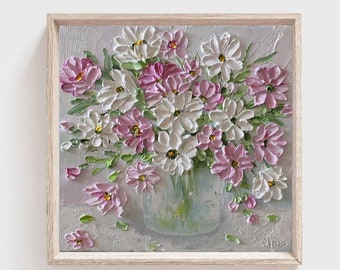 Custom White and Pink Daisy Oil Impasto Original Painting,  Daisy Still Life  Painting  , Frame not Included
