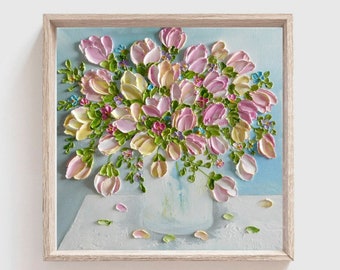 Custom Variegated Tulip Oil Impasto Painting, Pinks , White and Pale Yellow Tulips, Cottage Chic Decor  , Frame not Included