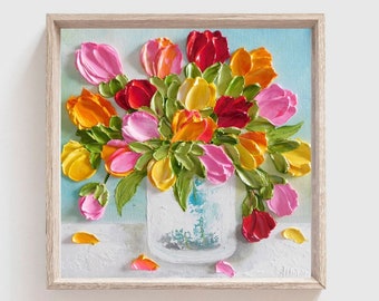 Custom Tulip Oil Painting: Bright Impasto Floral Art, Frame not Included