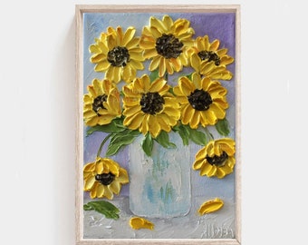 Ready to Ship  Oil Painting Impasto Painting , 5"x 7" Sunflower Original Painting, Summer Sunflowers, Frame In Photo Not Included