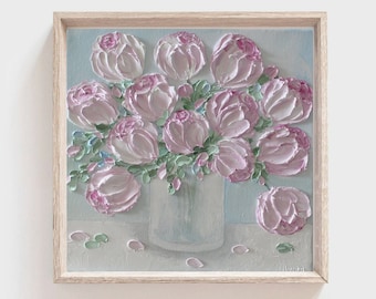 Pastel Pink Peonies Impasto Painting, Custom Impasto Peony Oil Painting,Frame not included