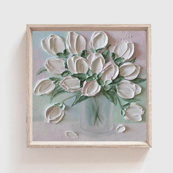 Custom Fresh White and Pale PinkTulips Impasto Oil Painting, Cottage Decor, Nursery,Frame not included