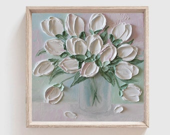 Custom Fresh White and Pale PinkTulips Impasto Oil Painting, Cottage Decor, Nursery,Frame not included