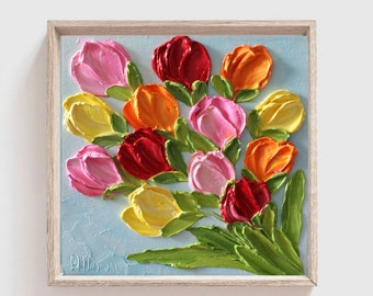 6" x 6" Ready to Ship Bright Tulip Oil impasto Painting, Ready to Ship,  Frame in photo not included